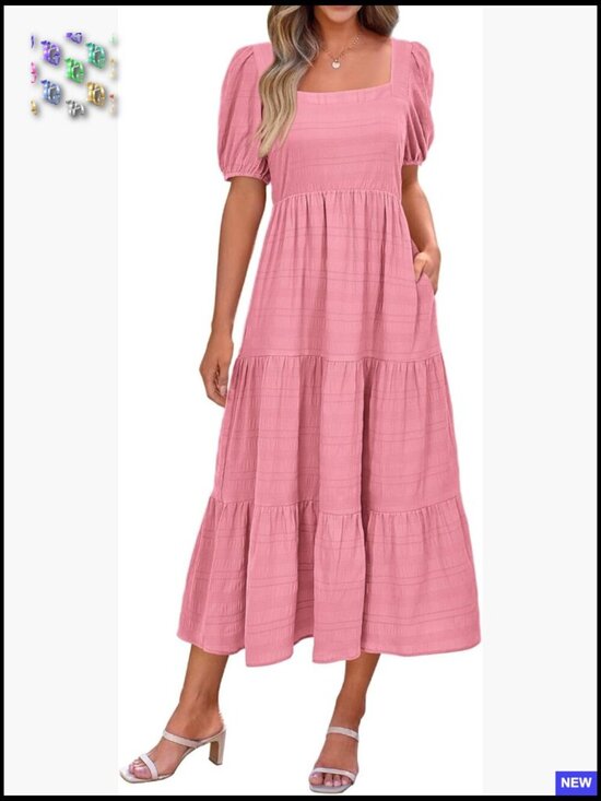 Dresses & Skirts - Puff Sleeve Square Neck Smocked Midi Dress Flowy A-Line High Waist Loose Fit